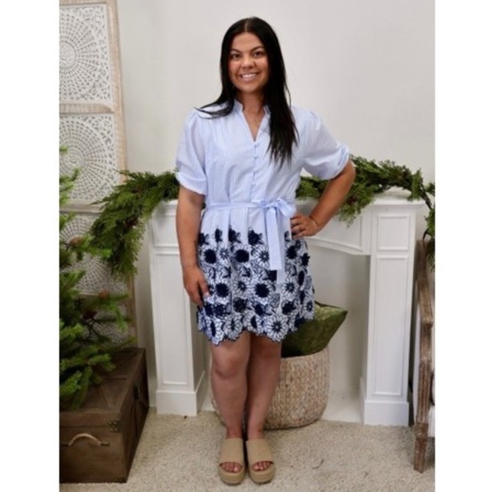 Jade Blue and White Striped Dress with Dark Blue Floral Accents